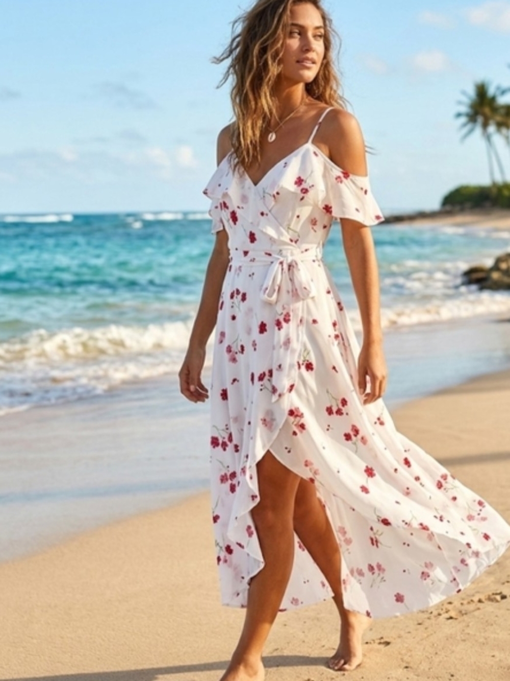 White Floral Wrap Sundress with Red Blossom Print